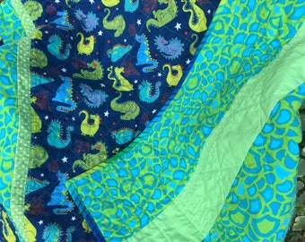 Baby Dragon Quilt, Blue and Green Nursery, GOT Baby gift, Baby Boy Shower gifts, Dragon themed nursery, Larger Size for growing kiddo