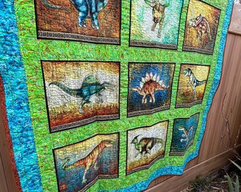 Lost World Dinosaur Quilt #1, Dan Morris Lost World Fabric Panel, Paleontologist Gifts, Gifts for Twin Boys, Paleontology Wall Art Quilt