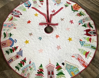 62” Large Christmas Tree Skirt, Whimsical Houses Tree Skirt, Quilted Christmas Tree Skirts, Appliqué Tree Skirts, Whimsical Houses Quilts