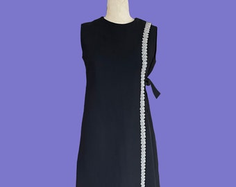 60s Little Black Cocktail Dress with Asymmetrical Silver Trim and Side Tie