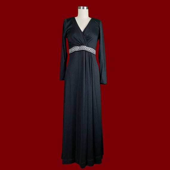 Vintage 60s Black Cocktail Dress – Empire Waist, Tinsel Trim (size S)