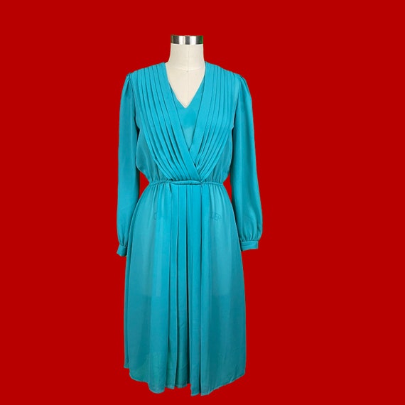 70’s Sheer Teal Pleated Bodice Dress