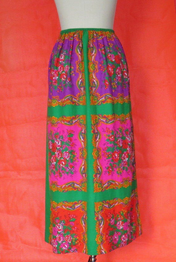 1970s Colorful Block Print Maxi Skirt