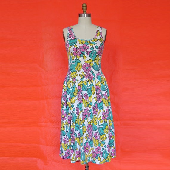 1980s Abstract Tropical Plant Print Dress