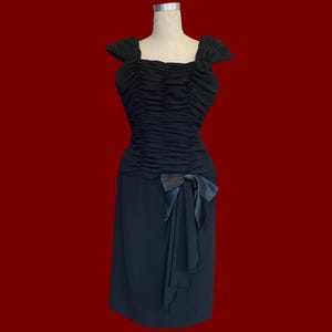 Vintage 80s Victor Costa Coquette Cocktail Dress – Black Chiffon Midi, Strapless Party Dress with Bow, Designer Vintage Size XS