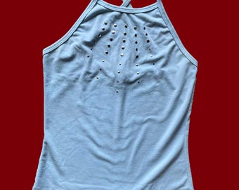 Vintage Y2K Pastell Blau Spaghetti Strap Criss Cross Zurück Tank Mit Silber Nieten
