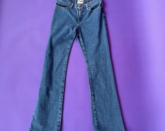 90s Medium Wash Denim Laser Etched Herringbone Bootcut Jeans by Fractal Jean Co
