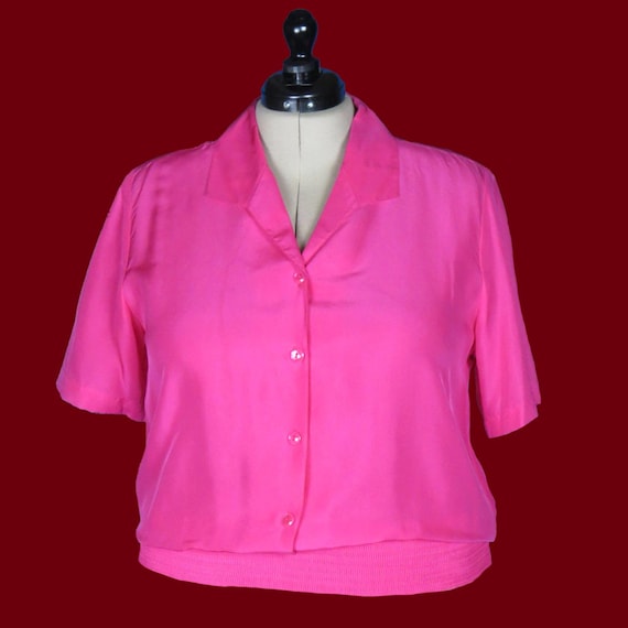 Vintage 80s Hot Pink Silk Blouse – Femme Power Shirt, Size M/L