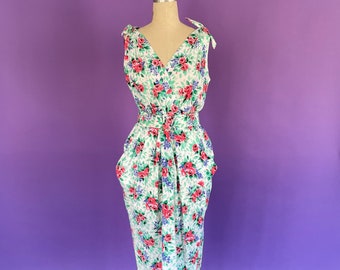 80's White, Pink, and Blue Rose Print Sun Dress with Self Belt