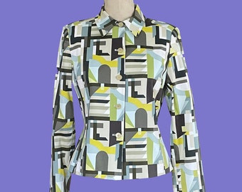 Y2k Psychedelic Art Deco Print Jacket in Green, Grey, and Blue