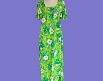 Vintage 60's Lime Green Floral Hawaiian Maxi Dress