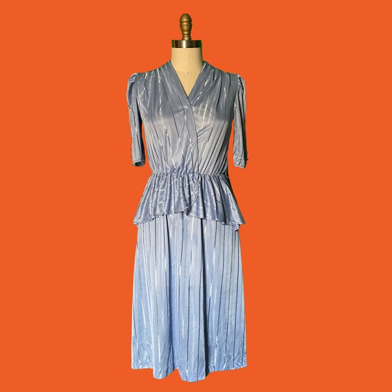 80's Metallic Stripe Periwinkle Peplum Party Dress - image 3