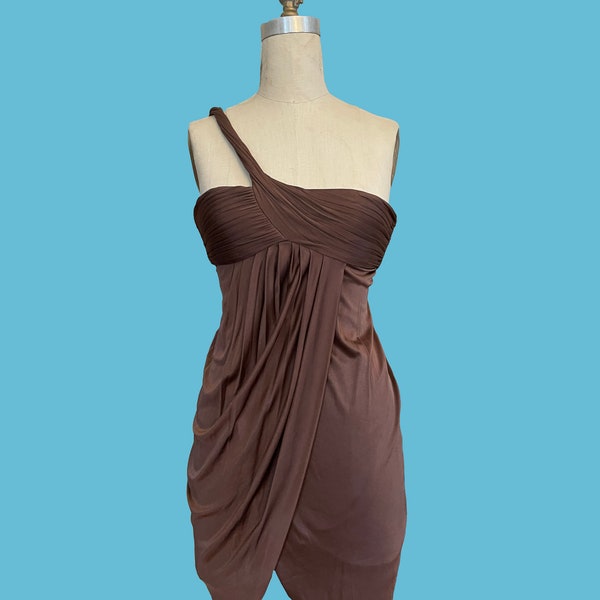 Vintage Y2K BCBG Chocolate Brown One Shoulder Goddess Style Draped Mini Dress