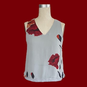 Vintage 90s Silk Floral Tank Top – Oversized Print, Sleeveless Blouse, Size M