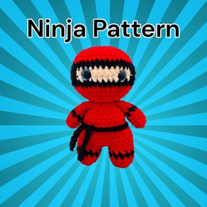 May include: Red crocheted amigurumi ninja toy with black eyes and a black belt. The toy is against a blue and white striped background.  Ninja Pattern.