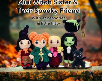 May include: Four crocheted witch dolls with different colored hair and outfits, a black crocheted cat, and a green cauldron with a broom. The dolls are standing on a brick surface with autumn leaves.