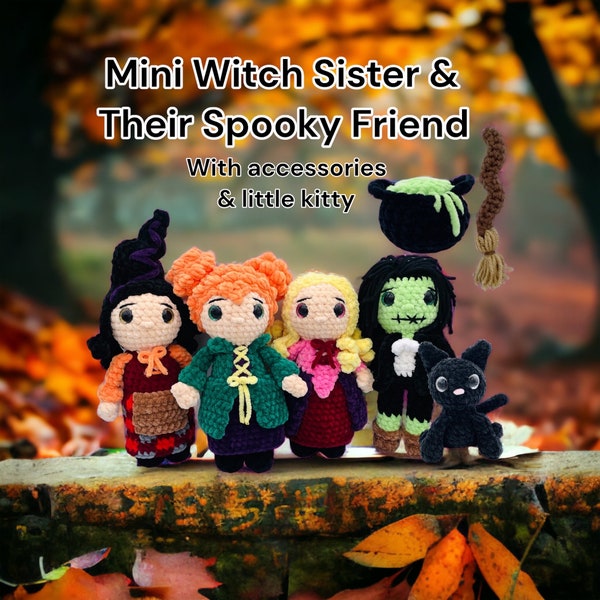 Low Sew Mini Witch Sisters Doll 4-IN-1 | Amigurumi | Crochet Doll Pattern | With Bonus Kitty  Pattern | Accessories