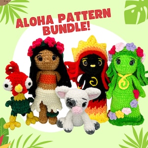 May include: A crochet pattern bundle featuring five characters from popular Disney movies. The characters include Moana, Maui, Pua, Te Fiti, and Hei Hei. The characters are all crocheted in different colours and have unique features.