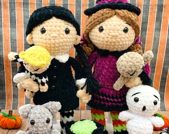 May include: A set of crocheted Halloween-themed dolls, including a witch with a black hat, a girl with a black dress, a bat, a ghost, and a cauldron. The dolls are made with soft, plush yarn and have sweet, friendly faces.