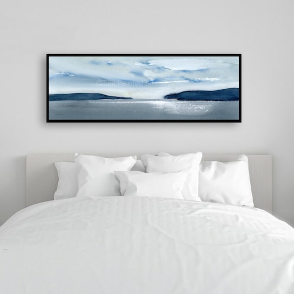 Reflections on the Sea art print wide panoramic contemporary abstract landscape in blue shades, various sizes