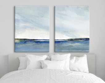 CANVAS prints, New England Memories II, landscape diptych, set of 2 abstract landscape prints on stretched canvas, marsh & coastal art