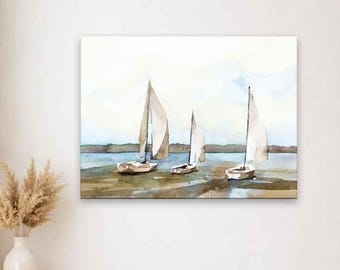 Sailboat Race Watercolor Print: Brown & Blue Sailing Painting, paper or canvas prints