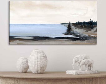 Lake and Pines Art Print: Neutral Brown & Blue Abstract Landscape, paper or canvas