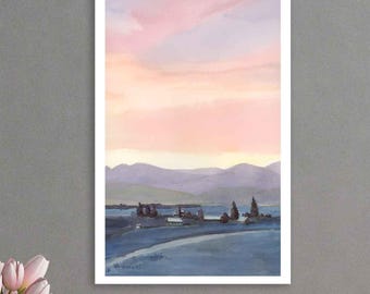 Adirondack Sunset print,  vertical format landscape, colorful watercolor prints on canvas or paper