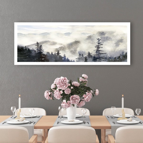 Adirondacks Mist and Mountains art print, foggy pine forests watercolor landscape in neutral colors, black blue, various sizes