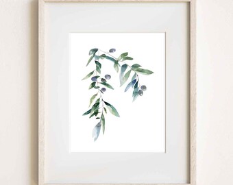 Olive Branch Art Print: Botanical Watercolor Wall Art Prints on Paper or Canvas