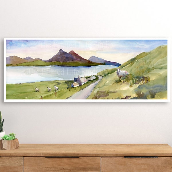 Scottish Highlands Painting, wall art print of watercolor painting of Isle of Skye countryside + sheep + loch, various sizes available