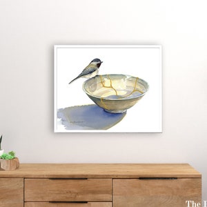 Chickadee Art Print: Kintsugi Bowl, Gold Repair Lines