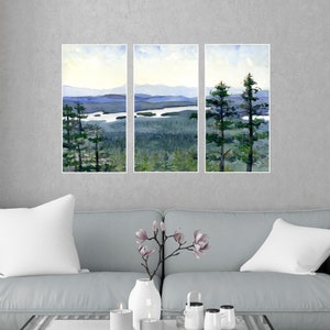 Adirondacks Lake, set of 3 art prints, view of lake and mountains from adirondack mountain summit watercolor wall decor