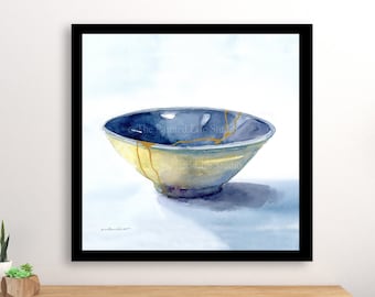 kintsugi bowl watercolor wall art print Kintsugi painting wabi sabi art Japanese bowl with gold lines of repair
