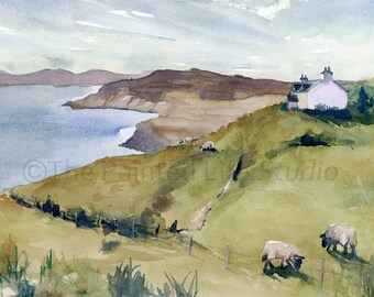 Scottish Highlands Sheep watercolor, wall art print of original painting, Scotland countryside and cliffs art, various sizes
