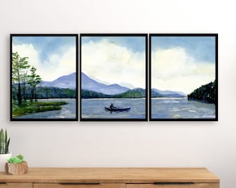 Fishing on Schroon Lake, Set of 3 prints, Adirondacks lake triptych wall art prints in various sizes