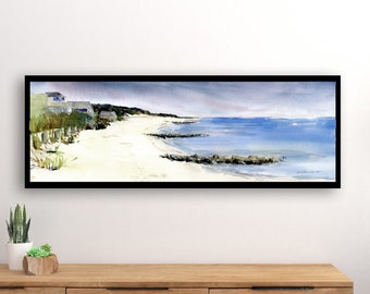 Cape Cod Beach Painting, wide panoramic print of original watercolor painting in various sizes