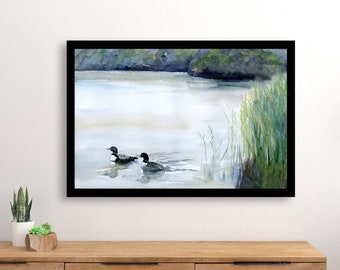 Loons on Lake print, fine art print of original watercolor painting in various sizes