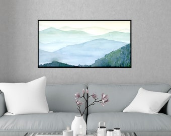 Misty Mountain layers wide art print, shades of blue panoramic wall art print in various sizes