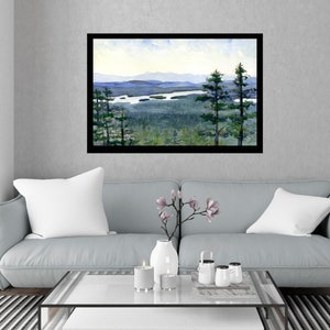 Saranac Lake art print, view of Adirondack lake and mountains from adirondack mountain summit, watercolor print wall decor