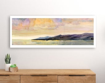 Panoramic Sunset  and Mountains Landscape wall art print, wide wall decor of original painting, various sizes