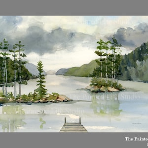 Lake George art print, adirondack pine forest, mountains and lake watercolor wall art in various sizes