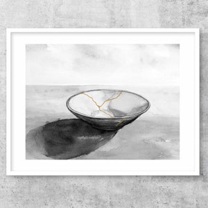 May include: A black and white watercolor painting of a cracked bowl with gold cracks. The bowl is sitting on a white surface with a shadow underneath it.