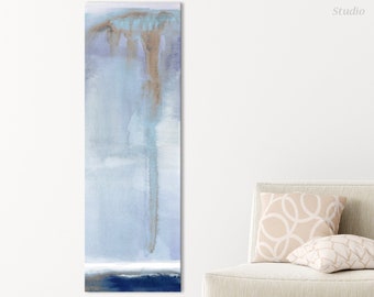 Blue Abstract Tall CANVAS, Long vertical stretched canvas wall art print in blue and brown, gallery-wrapped up to 60 inches tall