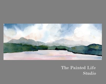 Panoramic Landscape modern wall art print, contemporary mountain and lake wide watercolor art print