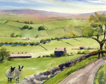 English Countryside Print of watercolor painting, Yorkshire Dales area farm fields and sheep, art print in various sizes
