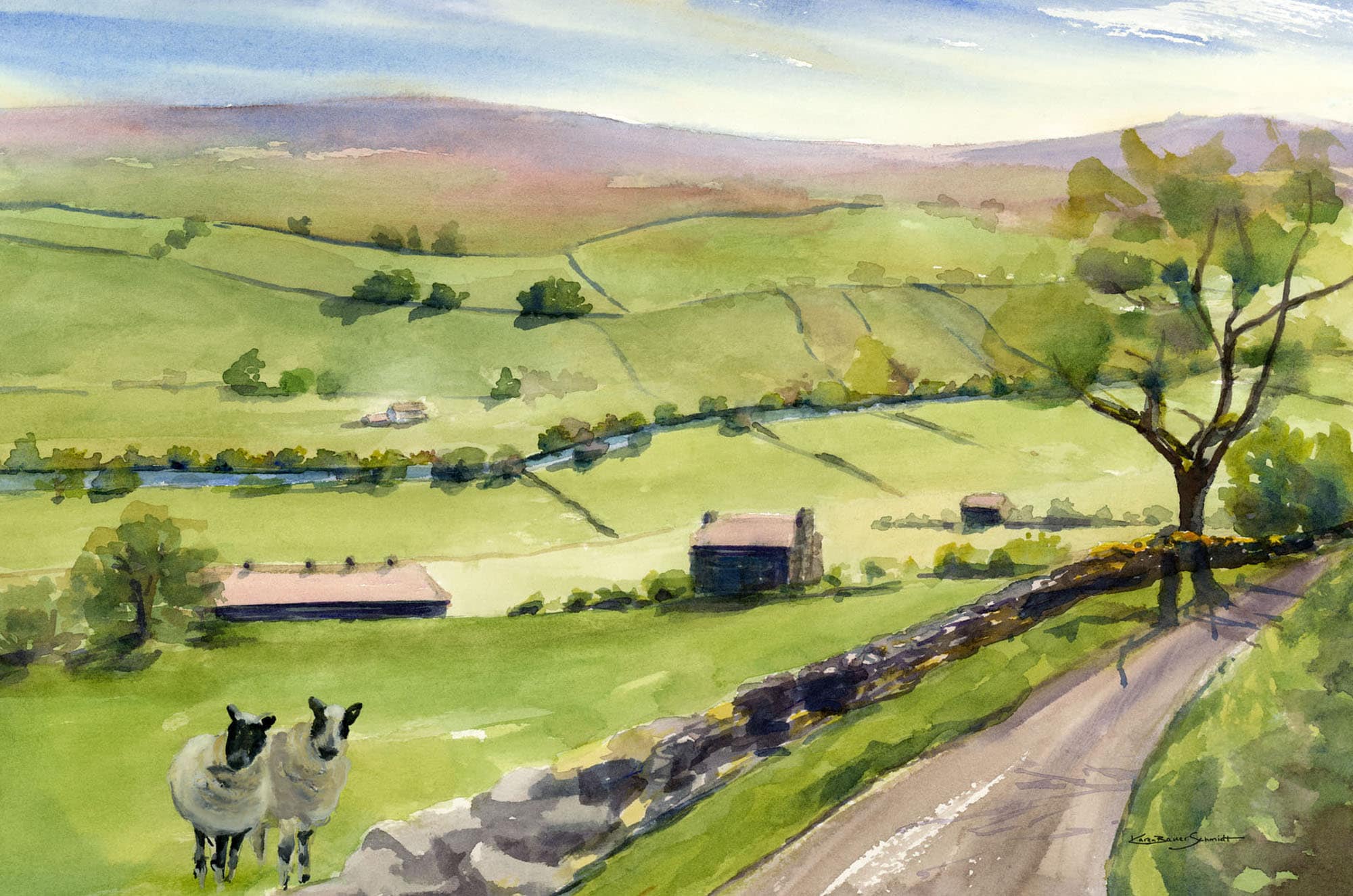 English Countryside Print of watercolor painting | Yorkshire Dales area farm fields and sheep | art print on paper or stretched canvas