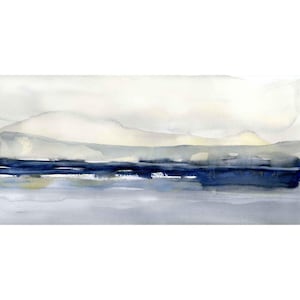 Indigo Shores art print of original watercolor painting, wide modern minimalist abstract blue landscape, paper or stretched canvas prints