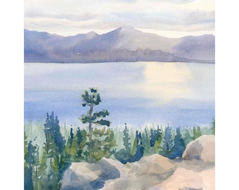 Lake Tahoe Watercolor Print: Eagle Rock Sunset View, vertical format