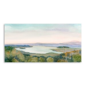 May include: A watercolor painting of a lake with a small island in the middle. The lake is surrounded by hills and trees. The sky is a soft blue with pink and purple clouds.